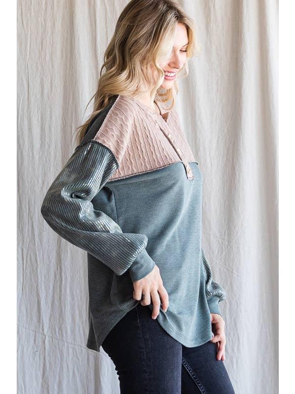 Vanilla Monkey - Wholesale Knit Top - Women's - Plus Color Block Button Front Top1