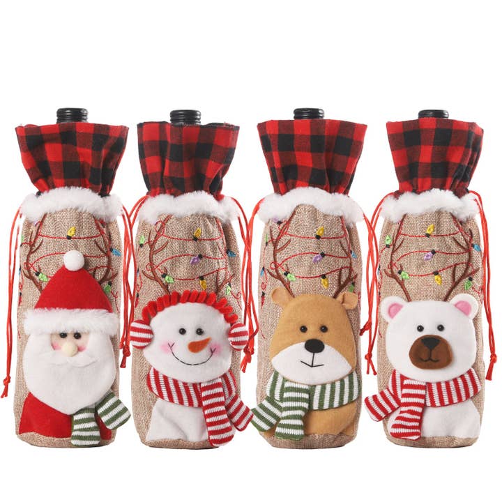 Saco de Boneca de Natal Bordado para Garrafa de Vinho em Juta Xadrez Vermelho e Preto por atacado de MyKids-USA®