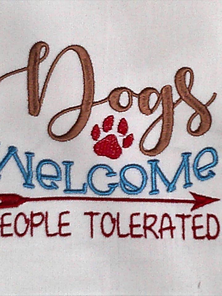 Dog/Cat Welcome People Tolerated Embroidered Tea Towel for wholesale by Red Mitten