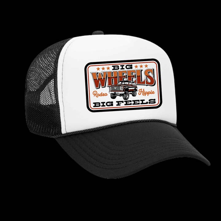 BIG WHEELS TRUCKER HAT BLACK/WHITE for wholesale by Rodeo Hippie