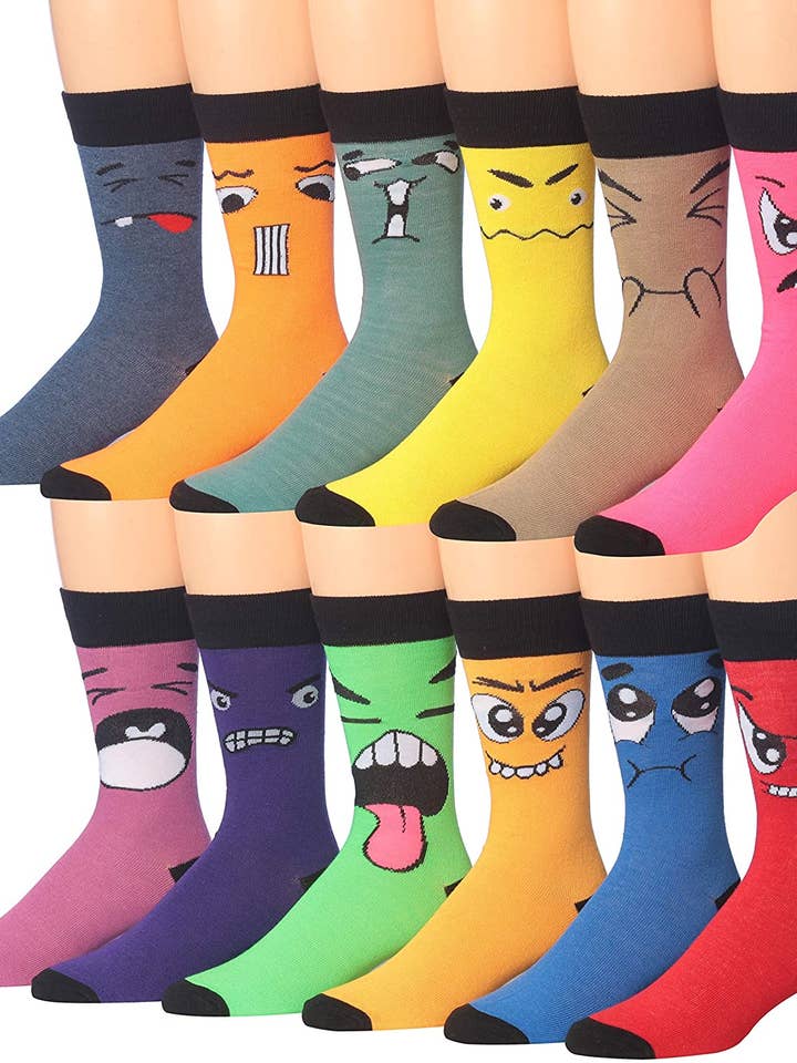 James Fiallo Mens 12 Pairs Funny Faces Striped Colorful Crew Socks for wholesale by Gold Hose LLC