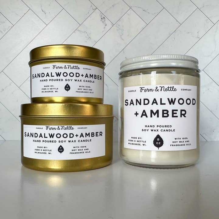 Sandalwood + Amber Soy Wax Candle for wholesale by Fern and Nettle