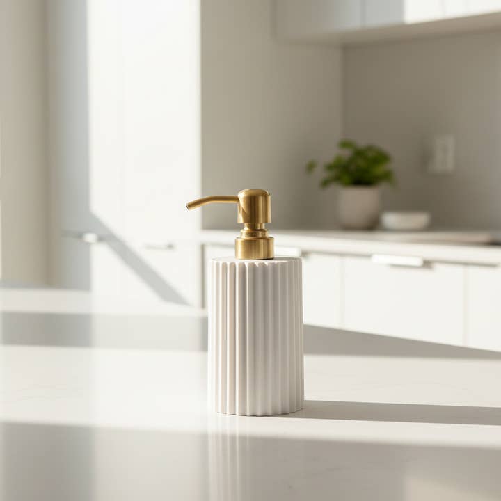 Joie Designs Co. | Refillable Bottles - Wholesale Soap Dispenser - Modern Ribbed Soap Dispenser – 10oz Vanilla White, Gold Pump