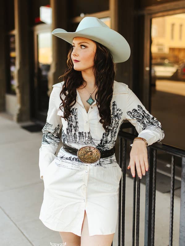 Ivory Western Canyon Printed Pearl Snap Collared Tunic Dress for wholesale by LUCKY & BLESSED