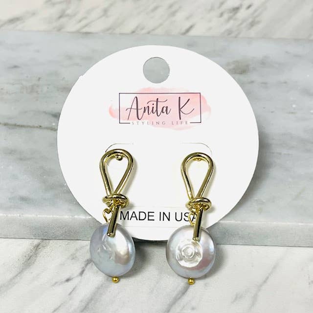 Anita K By Blushing Pink - Wholesale Dangle Earrings - Gold Knot with a 15mm Coin Pearl Drop