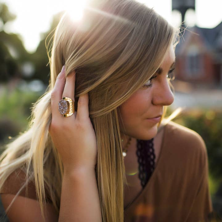 Champagne Druzy Statement Ring for wholesale by Golden Rae Wholesale