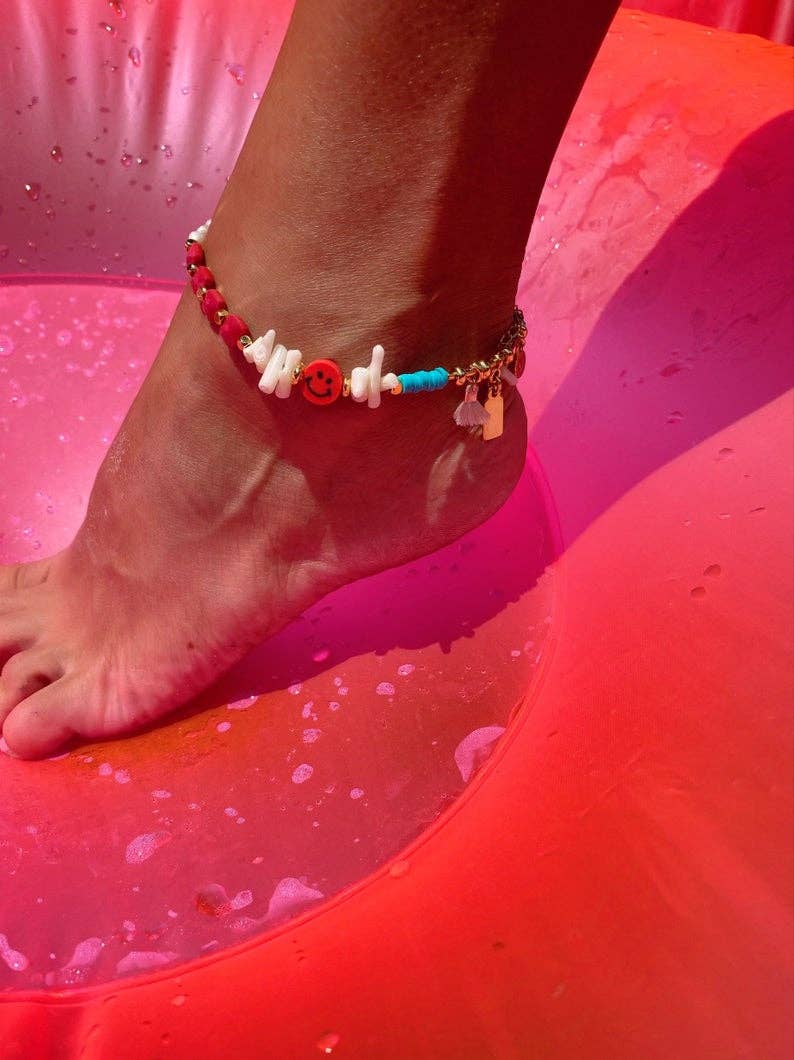 Christina Christi – Pulseira de tornozelo por atacado – Tornozeleira Boho com pingente de sorriso e miçangas coloridas1