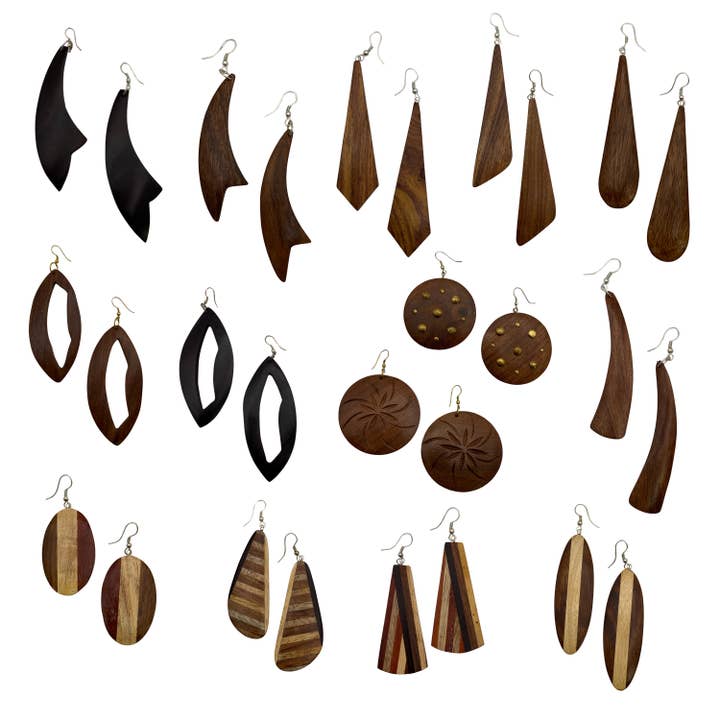 Boho Hand-Carved Wooden Earrings Assortment for wholesale by Treasure Jewelry
