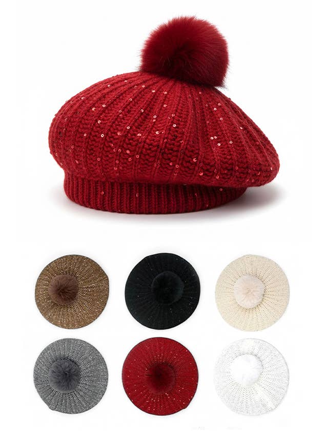 Artini Accessories - Wholesale Beanie - Women's - Sequins Accent Slouchy Loose Knit PomPom Beanie0