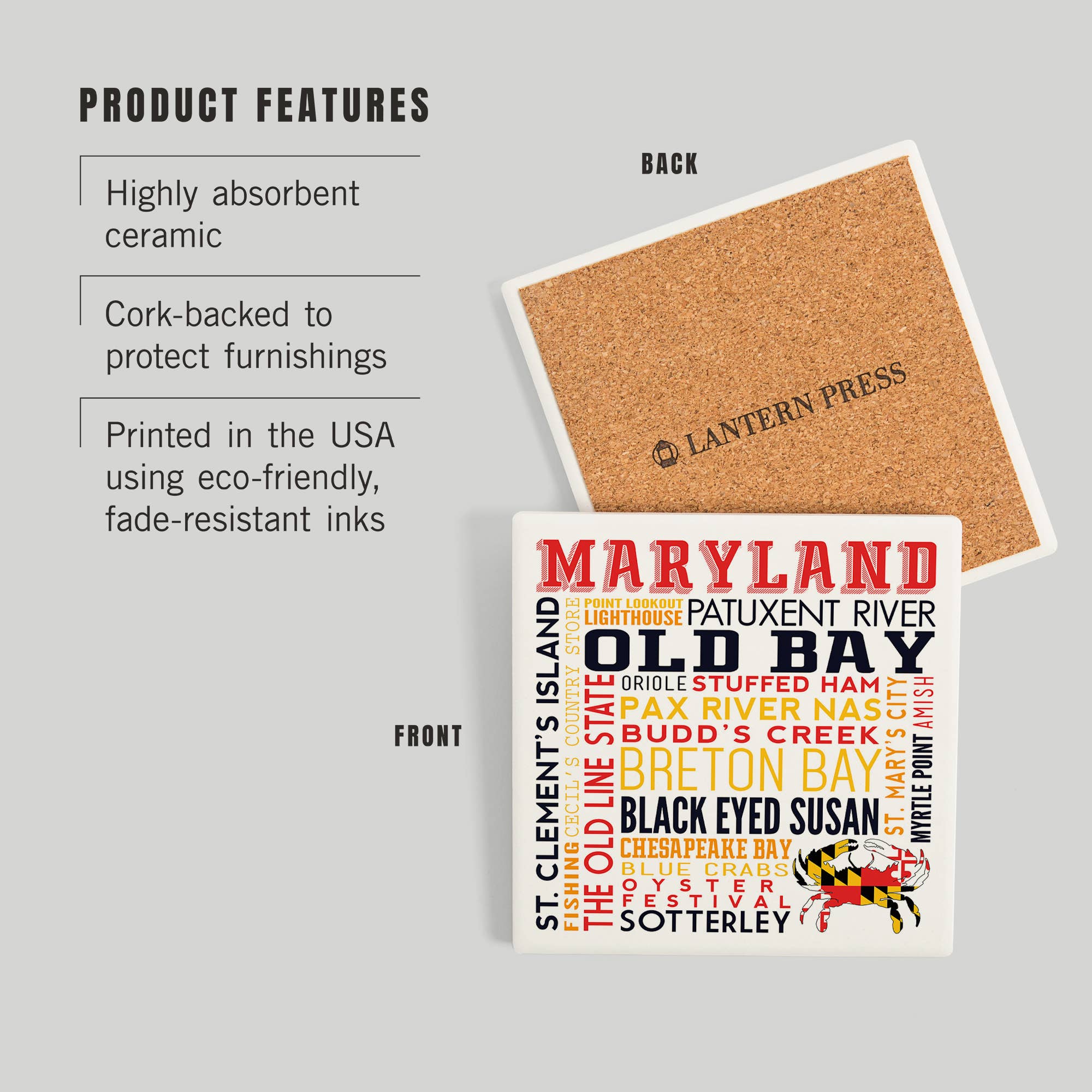 Lantern Press - Wholesale Coasters - CERAMIC COASTER Maryland, Typography & Crab2