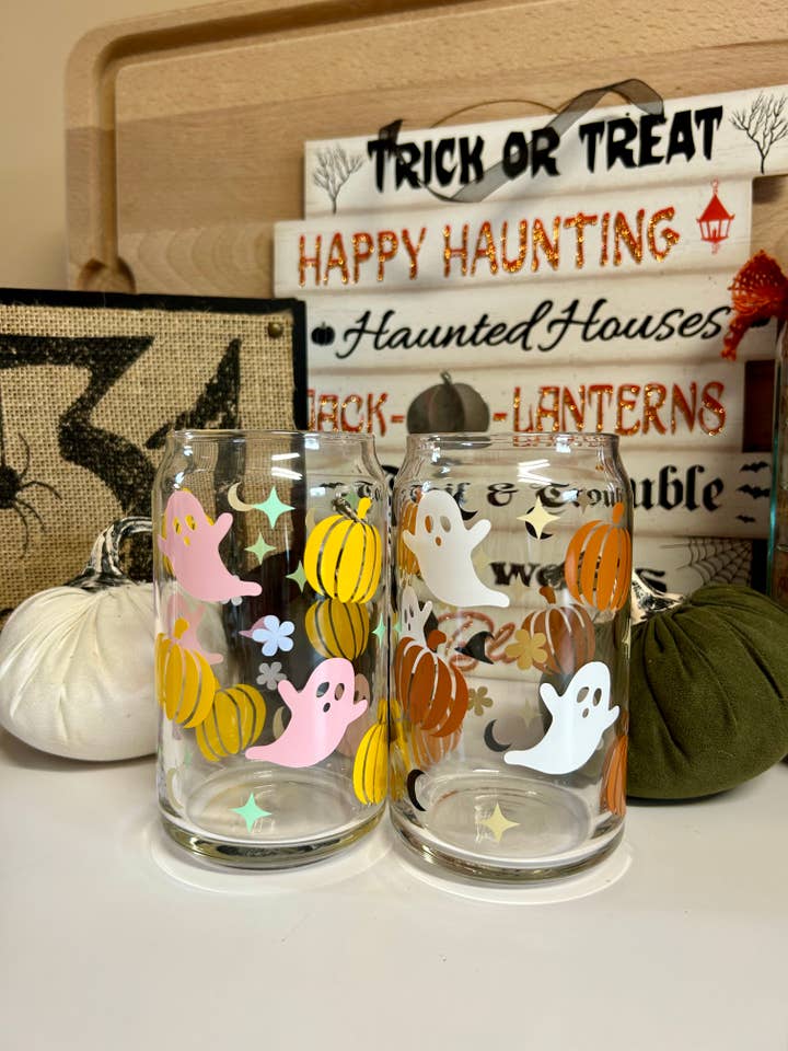 Ghost Cup, Pumpkin Glass Cup, Spooky Cup, Halloween Cup for wholesale by MommyandMarie