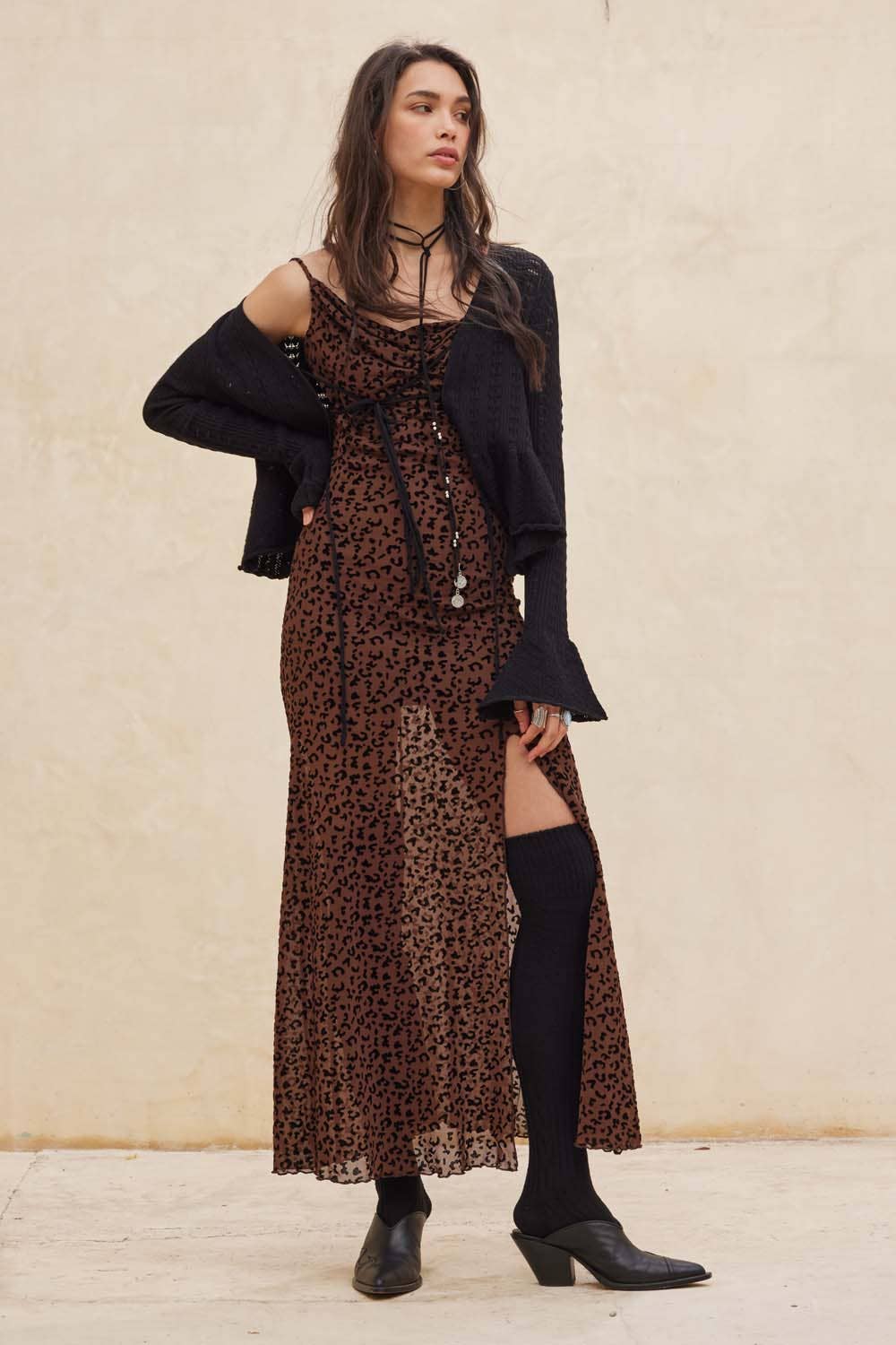 Promesa USA - Wholesale Dress - Women's - Flocked Leopard Mesh Cowl-Neck Maxi Dress9