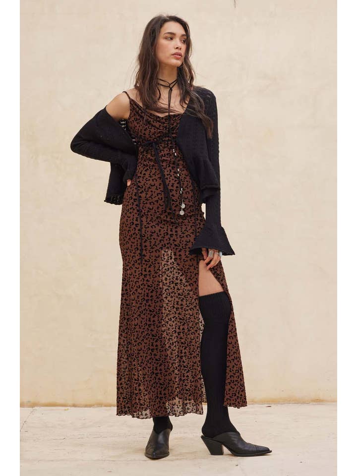 Promesa USA - Wholesale Dress - Women's - Flocked Leopard Mesh Cowl-Neck Maxi Dress9
