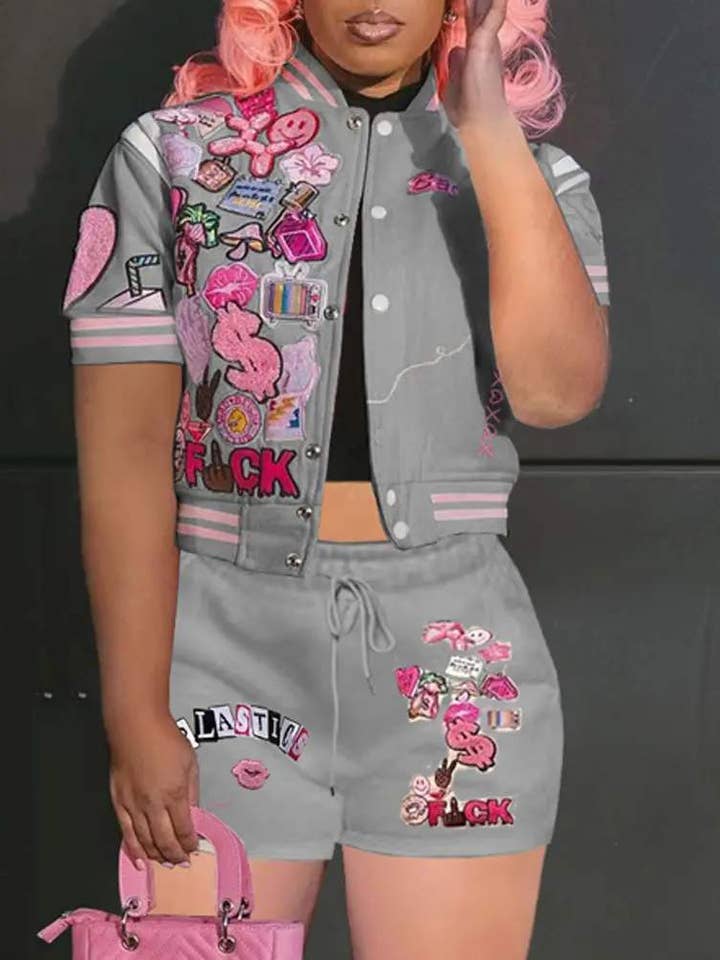 Flarix - Wholesale Top & Short Set (NOT Loungewear) - Women's - letter graphic pattern baseball top shorts set27