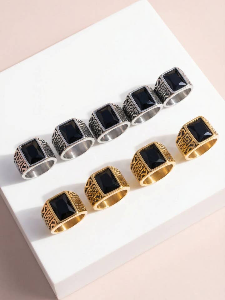 Herrarnas fyrkantiga signetring i rostfritt stål med svart sten för wholesale av Arya Jewellery Wholesale