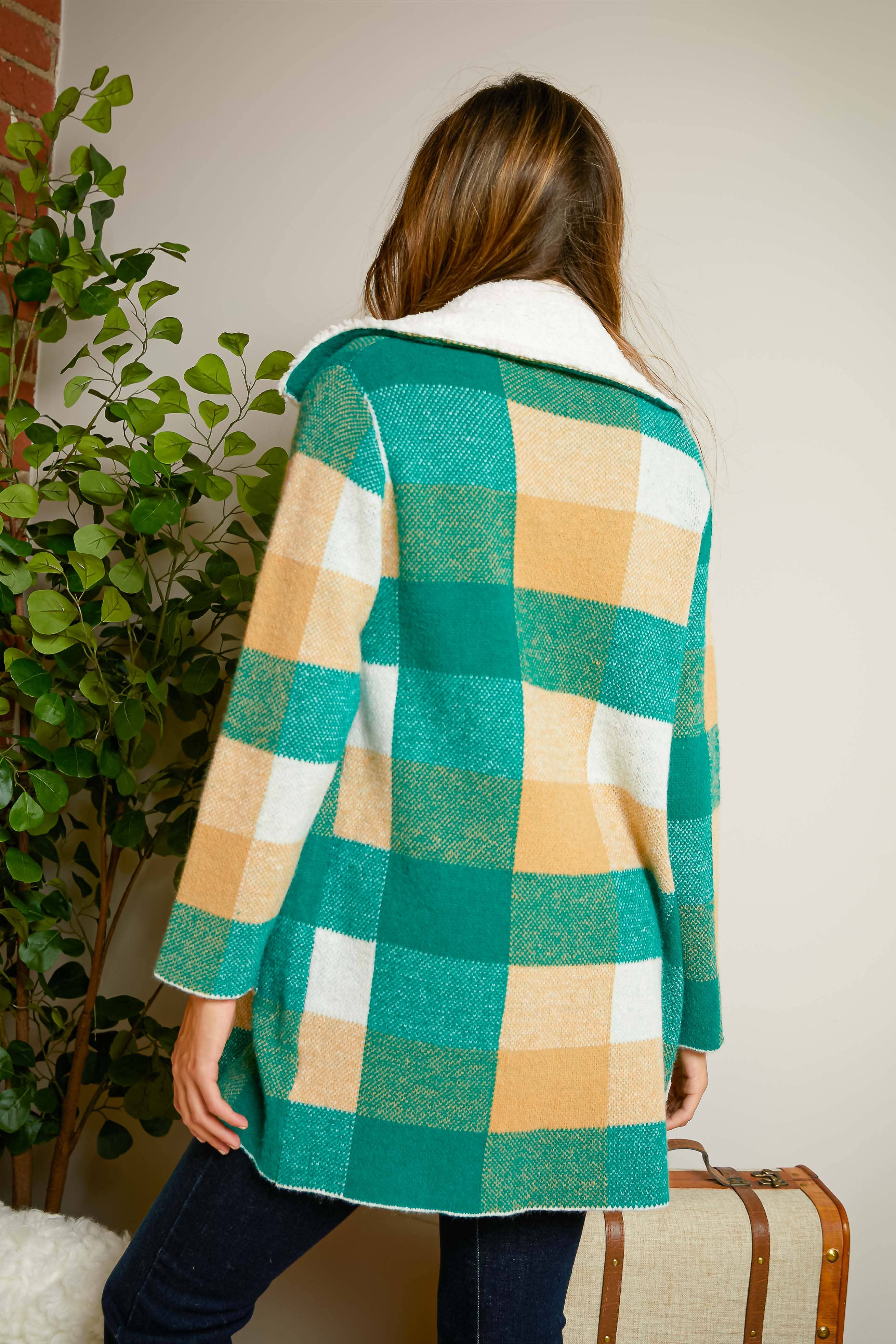 Green Multi PLUS CHECKER FAUX FUR COLLAR JACKET for wholesale on Faire6