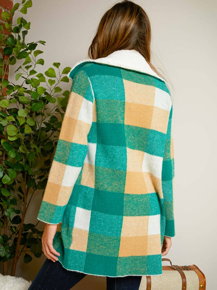 Green Multi PLUS CHECKER FAUX FUR COLLAR JACKET for wholesale on Faire6
