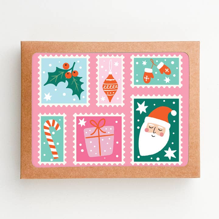 Colorful Christmas Card. Fun Postage Stamp Holiday Card for wholesale by HellaHoney Co