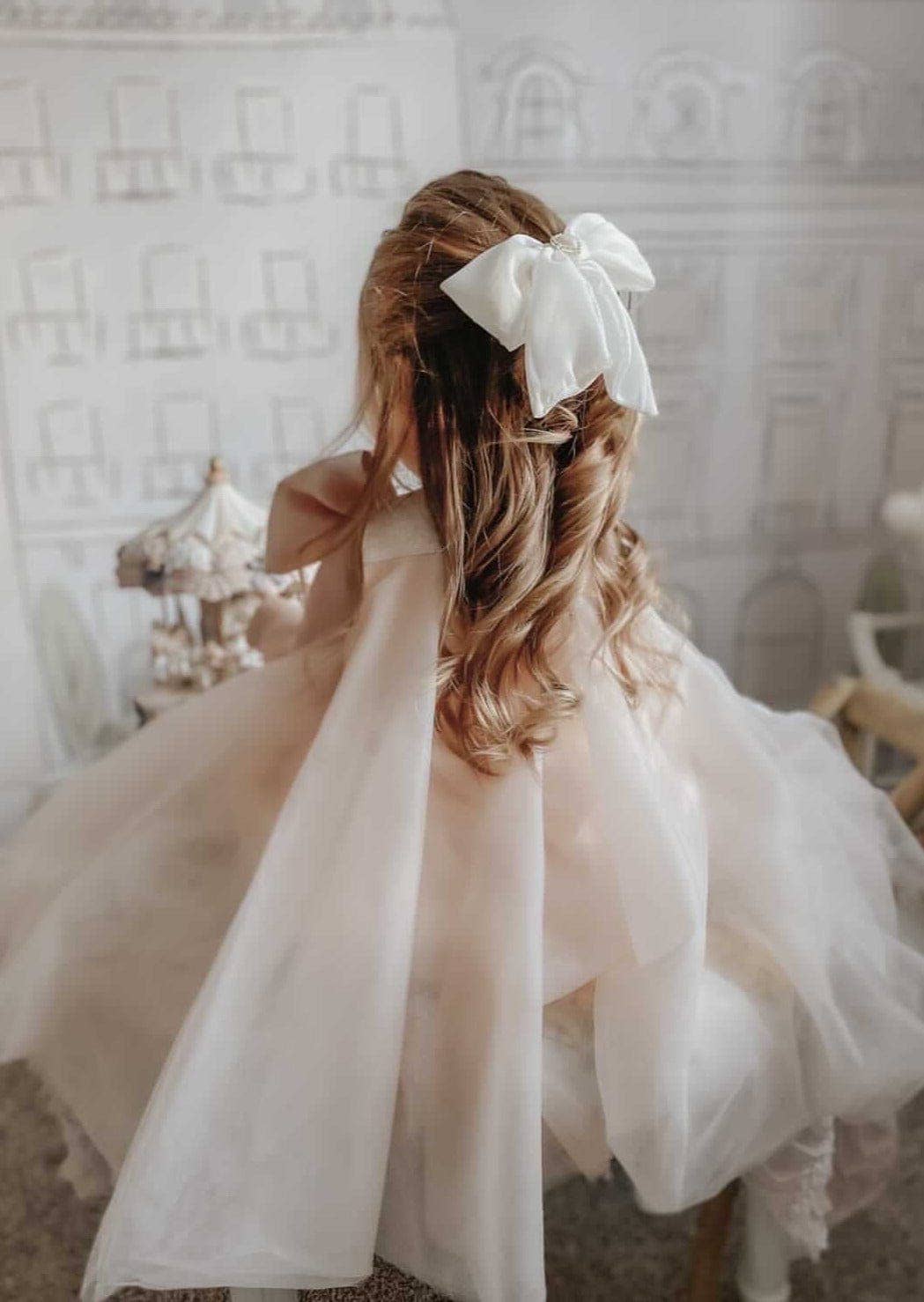 Petite Maison Kids - Vente Robe – enfant - Robe Jackie pêche en tulle à col nœud jacquard6