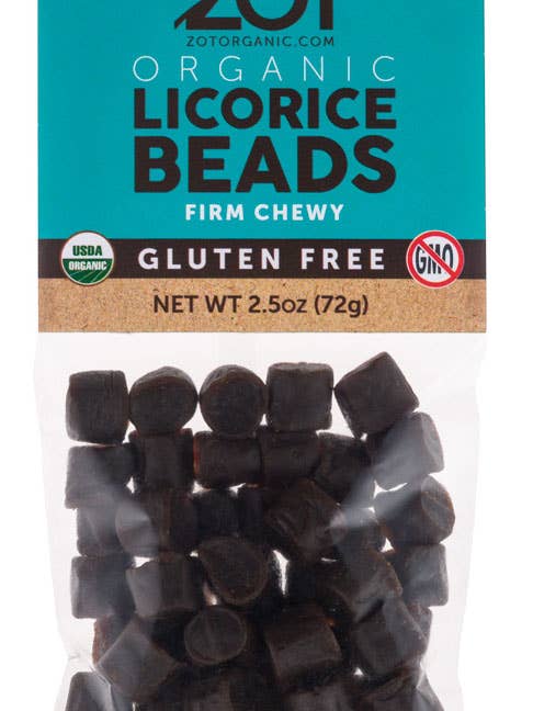 Organic Licorice Beads, Firm-chewy 2.5oz. for wholesale by Zot Organic by Phyto-Plus