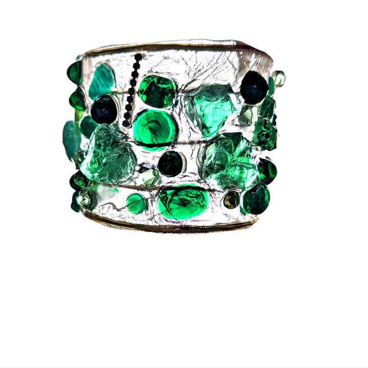 Gay Isber Designs - Wholesale Cuff Bracelet - Emerald Green Clear Confetti 2.5 inch wide Clear Resin Cuff Bracelet Vintage Swarovski Faceted Stones Handmade Sustainable USA Sugar Gay Isber4
