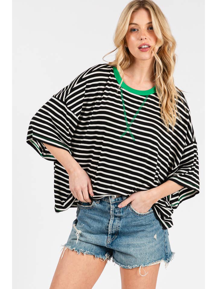 Ces Femme USA - Wholesale Tunic - Women's - TS13916STB/Striped Oversized T-Shirt with Contrast Details