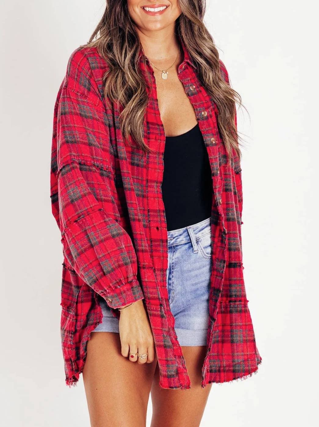 Rosa Clothing - Wholesale Shirt - Women's - Oversize Button Down Raw Edge Plaid Shirt 8 Colors8
