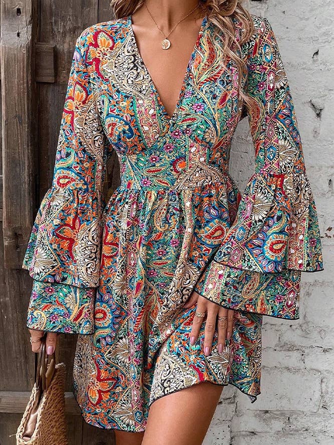 Multi Floral Printed Flare Sleeves V Neck Dress for wholesale on Faire