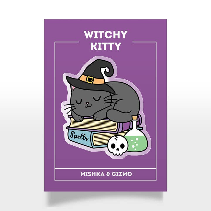 Witch Kitty Acrylic pin for wholesale by Mishka And Gizmo
