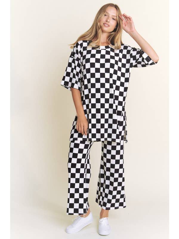 JADE BY JANE - Wholesale Lounge Set - Women's - RIBBED CHECKERED PRINT TOP/STRAIGHT LEG PANTS SET