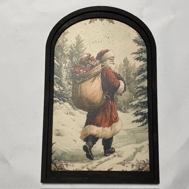 LAND OF COTTON – wholesale Christmas Wall Art – Snowy Forest w/Santa Carrying Sack Print in Med Arch Frame 0