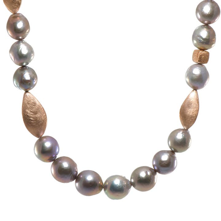 Grey Pearl and Flame Post Barouqe Necklace Fair Trade 24K Gold Vermeil for wholesale by Joyla Jewelry
