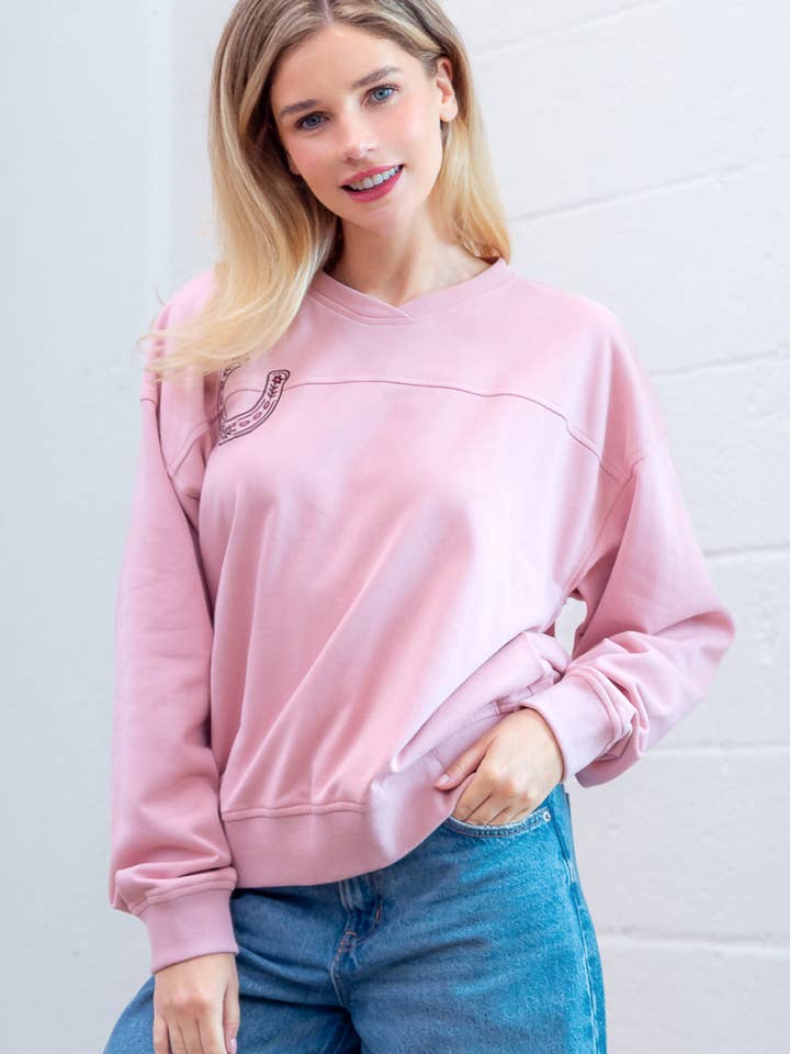 DUSTY PINK HT28799T-L/S V-NECK WESTERN MOTIVE EMBROIDERY JERSEY TOP for wholesale on Faire1
