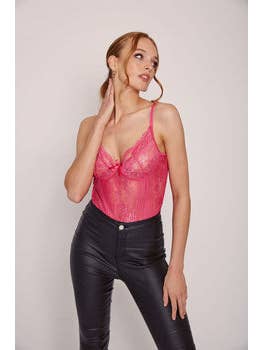 Lace plunge body in hot pink for wholesale on Faire