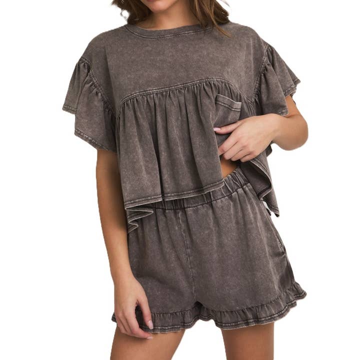 Oversized Top with Ruffle Sleeve and Shorts Set for wholesale by Blue Bunny Inc