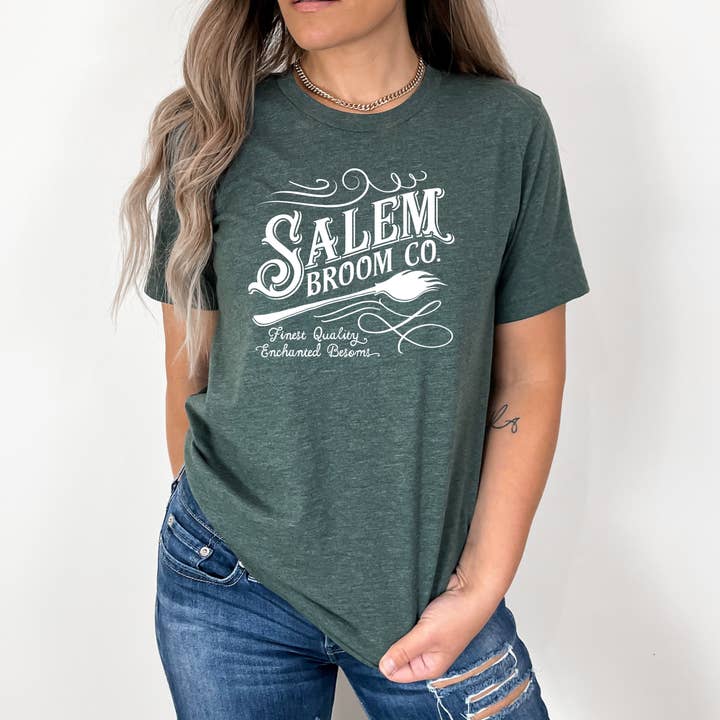 Humm & Willow - Wholesale Screen Printed T-Shirt - Women's - Halloween Shirt - Salem Broom Company - Cute Halloween