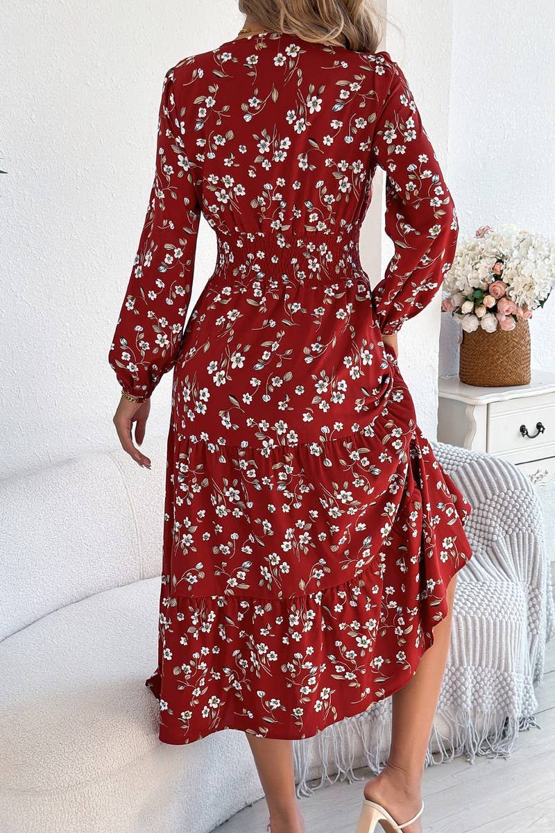 NINEXIS - Vente Robe – femme - Robe à volants à manches longues et col en V à motif floral CWDMD60285