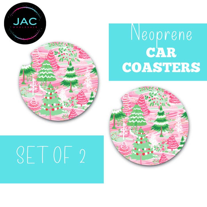 Posavasos para coche de árbol navideño en rosa y verde preppy para venta al por mayor de JAC Wholesale
