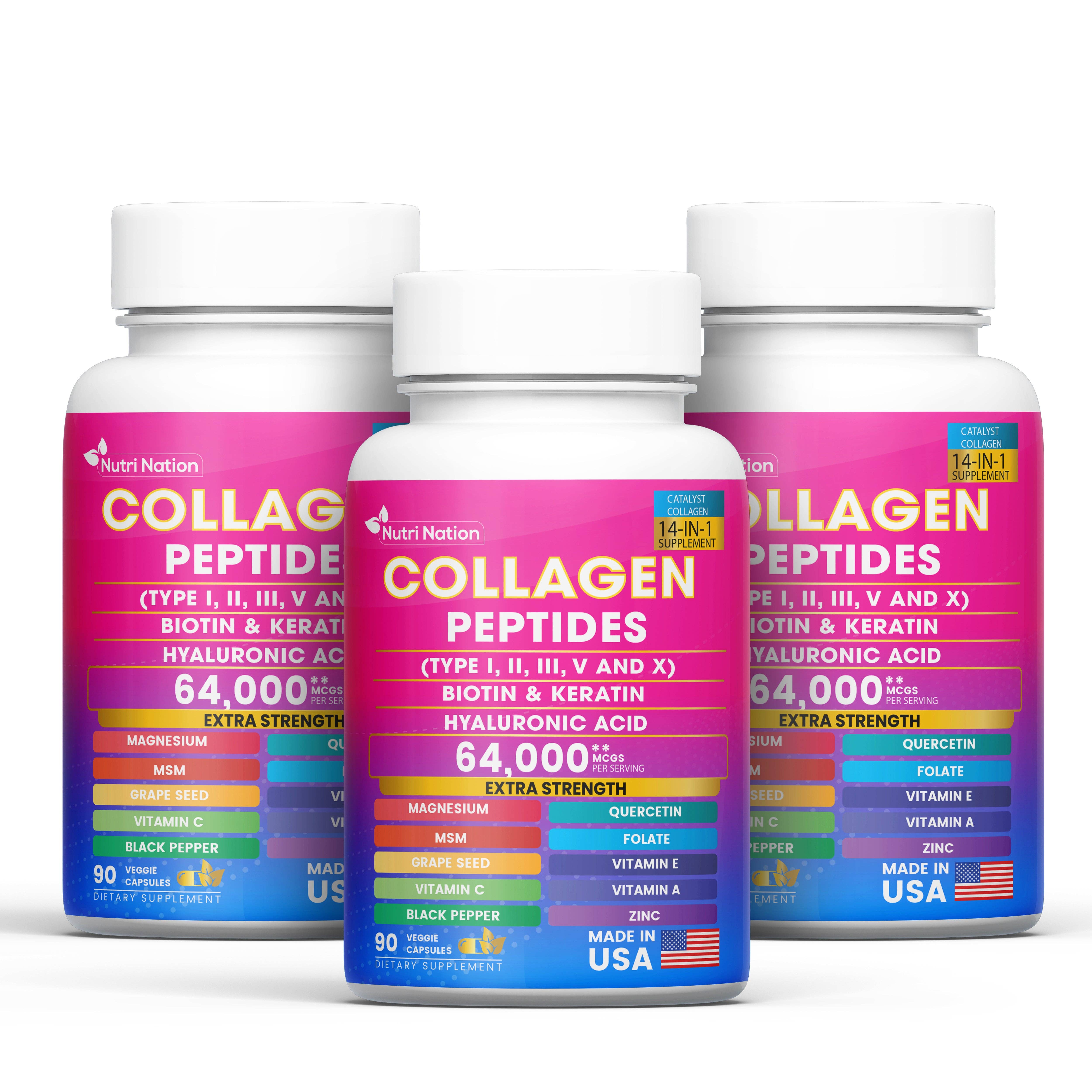 Nutri Nation – Großhandel Nahrungsergänzungsmittel/Vitamin zum Einnehmen – Kollagen-Peptid-Kapseln, Typ I, II, III, V & X Biotin Keratin Hyaluronsäure MSM Vitamin C, E & A, Folsäure Zink Magnesium mit Traubenkernextrakt, Quercetin (90 Kapseln)7