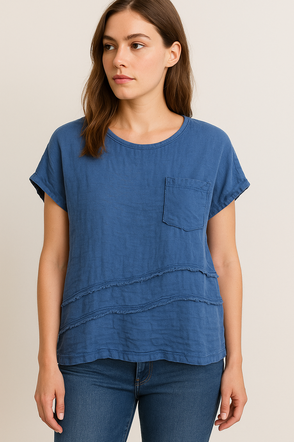 Lucy Sparks – wholesale T-shirt – women's – LINEN FRONT COTTON BACK T-SHIRT WITH CHEST POCKET1