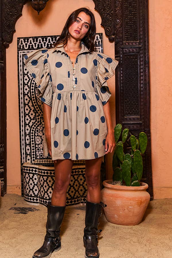 BUCKETLIST INC - Wholesale Dress - Women's - ID4283 Ruffle Sleeve Pintuck Detail Polka Dot Mini Dress20