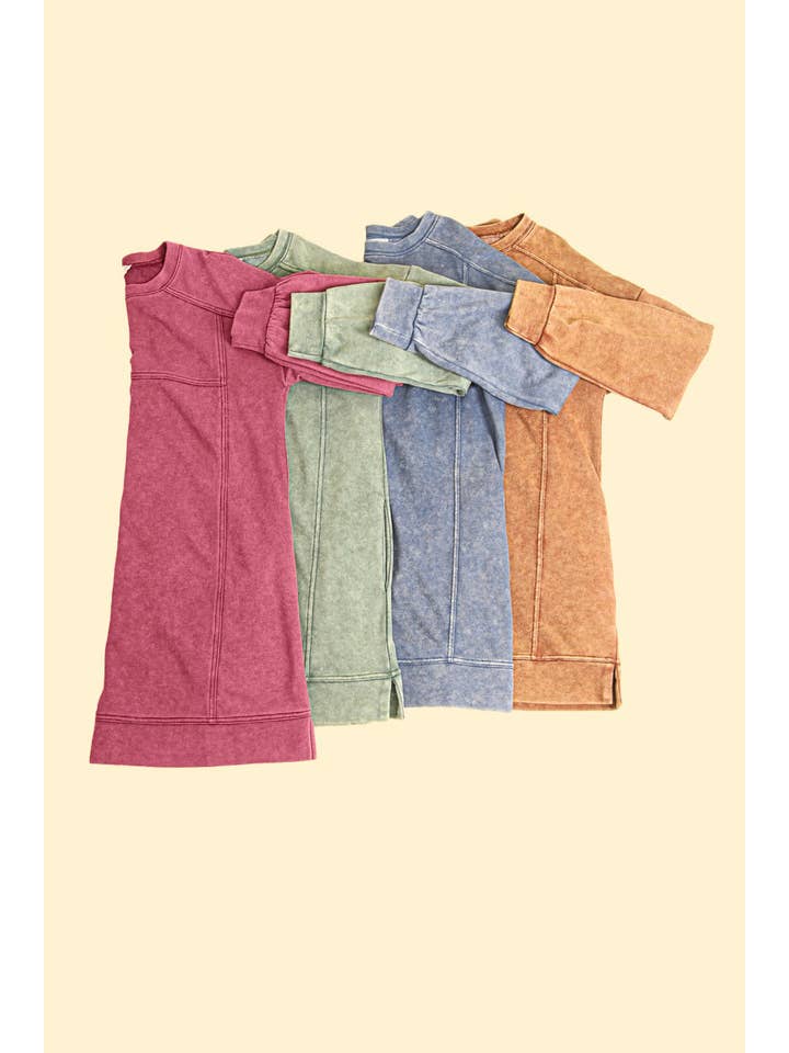VERY J - Wholesale Dress - Women's - ND31375-Mineral Washed Oversized Knit Sweatshirt Mini Dress