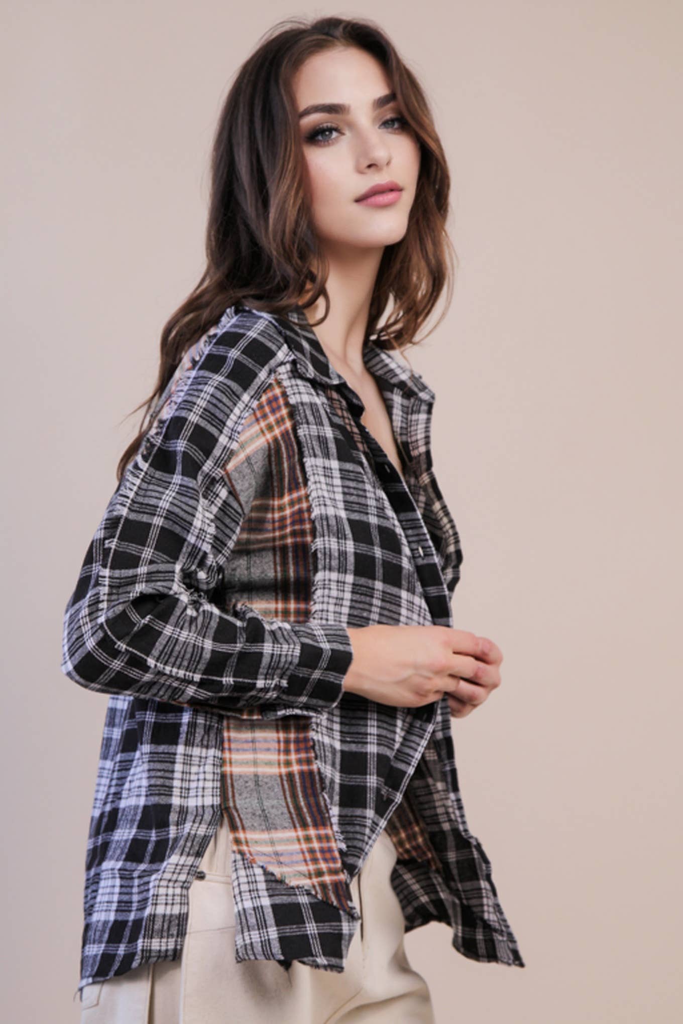VERY J - Wholesale Button Down Shirt - Women's - NT11681-Contrast Plaid Detail Casual Shirt Top11