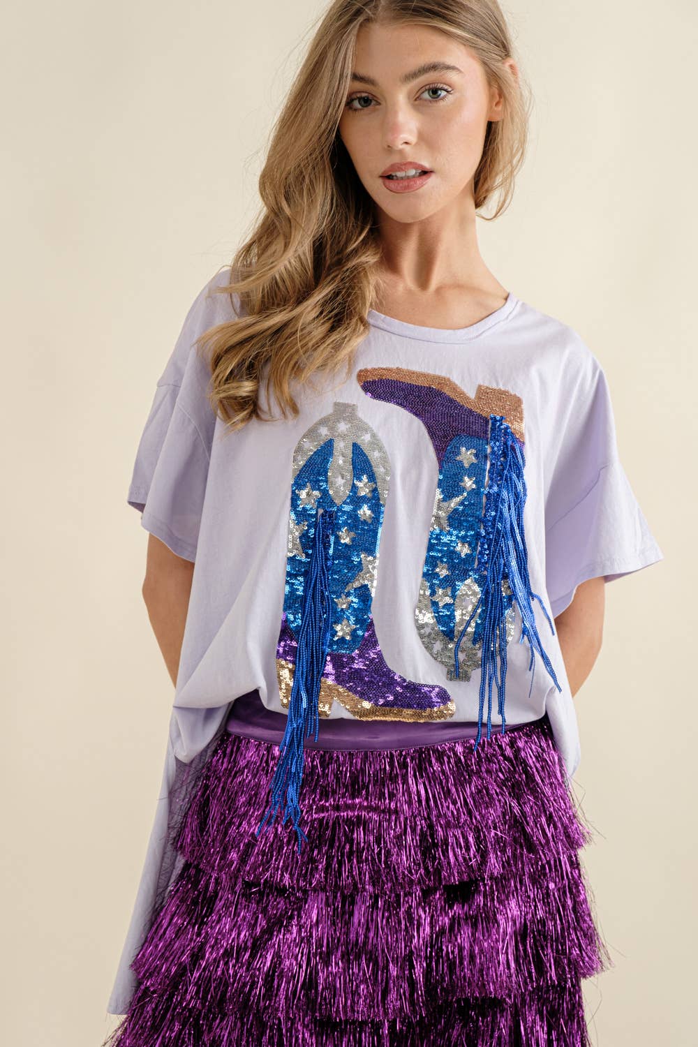 Blue B - Wholesale T-Shirt - Women's - 32487T - Cotton Sequin Western Boot Fringe Loose Side Tee5