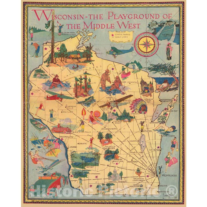 Historisk lekplatskarta över Wisconsin av Elmer Krohn, 1929 för wholesale av Historic Pictoric
