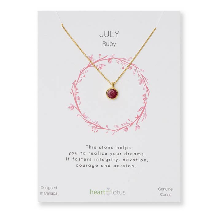 Heart and Lotus Sterling Silver Jewelry - Venta al por mayor Collares con colgantes/abalorios - Collar de piedra de nacimiento de julio en rubí + oro