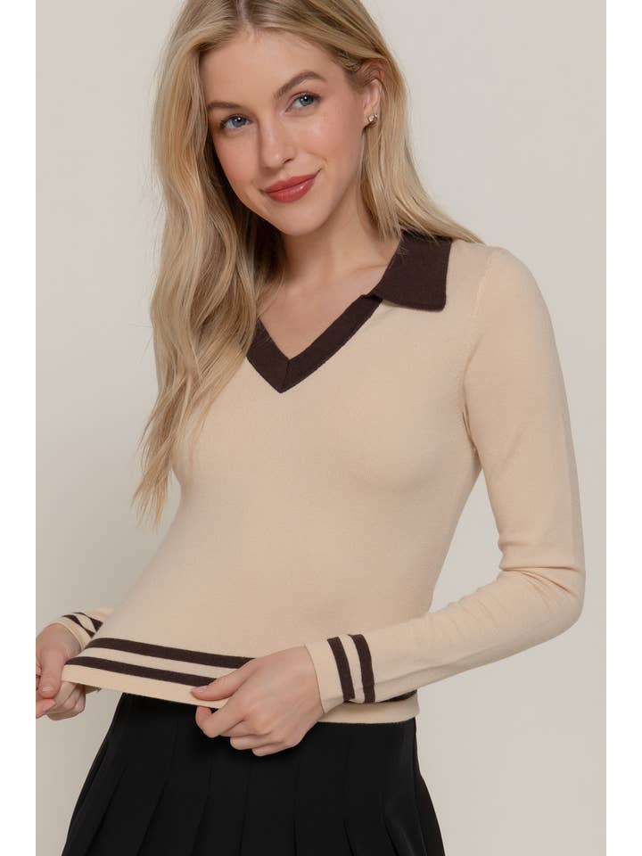 Active Basic | Active USA - Wholesale Knit Sweater - Women's - Long Sleeve Stripe Polo Sweater6