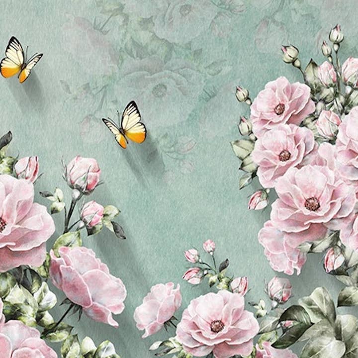 GK Home Decor - Vente Papier peint - Papier Peint Rustique Petit Papillon Jaune Fleur Rose Pastel3