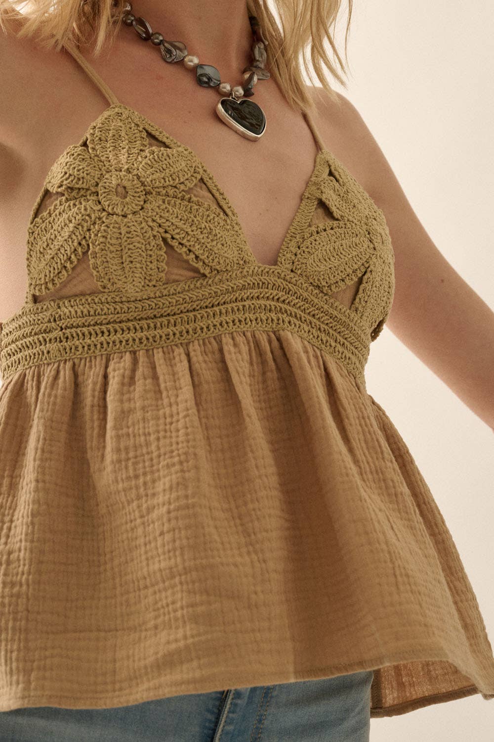 Promesa USA - Vendita all'ingrosso Canotta - Donna - Canotta per babydoll in cotone increspato con motivo floreale all'uncinetto7