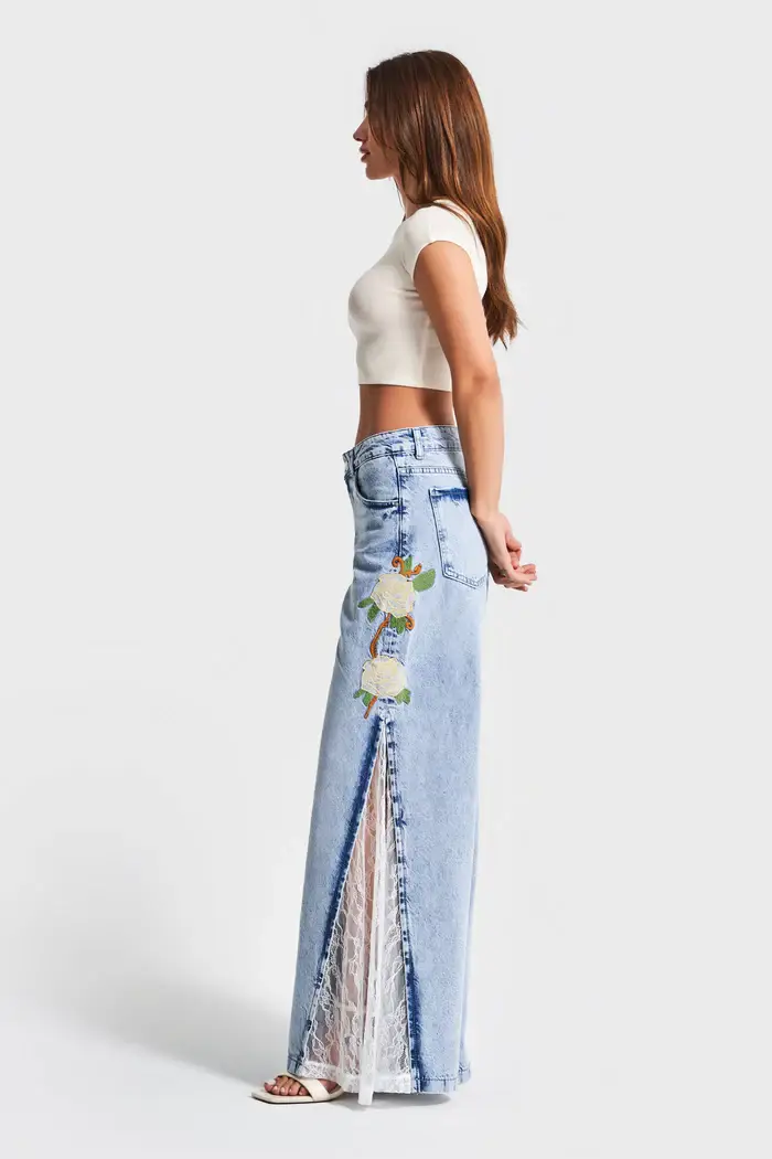 DesignofBoho - Vendita all'ingrosso Jeans - Donna - Jeans in denim con dettagli in pizzo ricamato floreale da donna - Hippie4